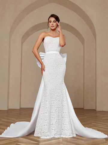 Elegant, Noble, Simple And Atmospheric White Sexy Stretch Lace Glossy Satin Exaggerated Double Layer Three-Dimensional Ruffled Sleeves Large Backless Detachable Large Bow Extra Large Hem Trailing Wedding Dress