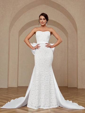 Elegant, Noble, Simple And Atmospheric White Sexy Stretch Lace Glossy Satin Exaggerated Double Layer Three-Dimensional Ruffled Sleeves Large Backless Detachable Large Bow Extra Large Hem Trailing Wedding Dress