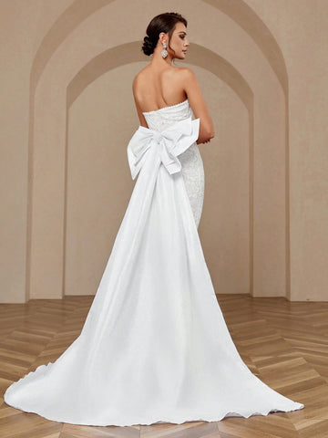 Elegant, Noble, Simple And Atmospheric White Sexy Stretch Lace Glossy Satin Exaggerated Double Layer Three-Dimensional Ruffled Sleeves Large Backless Detachable Large Bow Extra Large Hem Trailing Wedding Dress