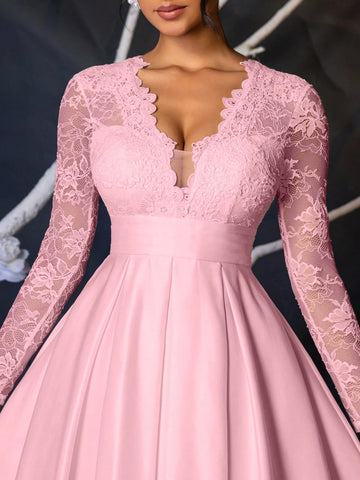 Elegant, Noble & Charming White See-Through Long Sleeve V-Neck Elastic Big Floral Lace Splice Satin Design Bras High Waist Wide A-Line Ruffled Skirt, Suitable For Singles Party, Wedding, Graduation, Vacation, Bridal Shower Dress