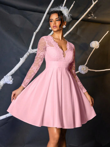 Elegant, Noble & Charming White See-Through Long Sleeve V-Neck Elastic Big Floral Lace Splice Satin Design Bras High Waist Wide A-Line Ruffled Skirt, Suitable For Singles Party, Wedding, Graduation, Vacation, Bridal Shower Dress