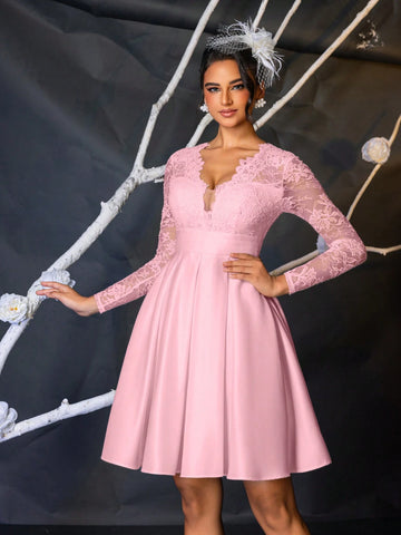 Elegant, Noble & Charming White See-Through Long Sleeve V-Neck Elastic Big Floral Lace Splice Satin Design Bras High Waist Wide A-Line Ruffled Skirt, Suitable For Singles Party, Wedding, Graduation, Vacation, Bridal Shower Dress