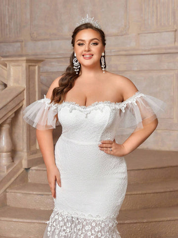Elegant Off Shoulder Lace & Mesh Patchwork Fish Tail Plus Size Wedding Dress