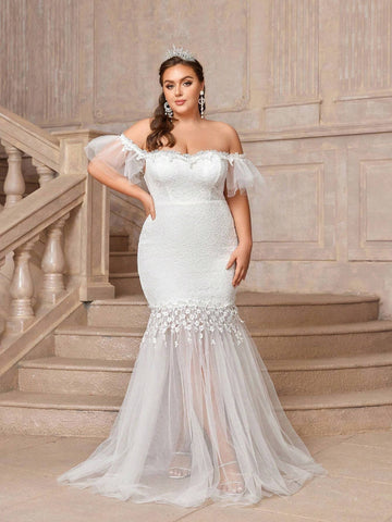 Elegant Off Shoulder Lace & Mesh Patchwork Fish Tail Plus Size Wedding Dress