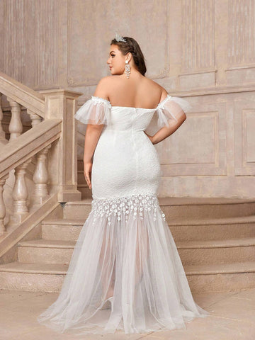 Elegant Off Shoulder Lace & Mesh Patchwork Fish Tail Plus Size Wedding Dress