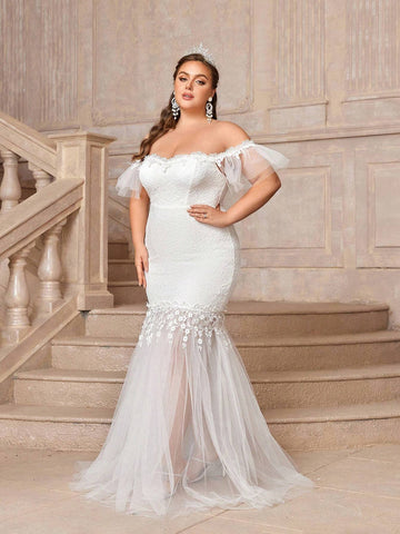 Elegant Off Shoulder Lace & Mesh Patchwork Fish Tail Plus Size Wedding Dress