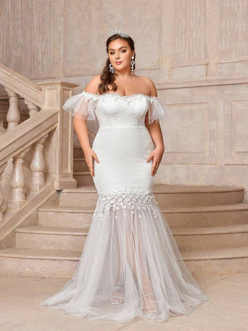 Elegant Off Shoulder Lace & Mesh Patchwork Fish Tail Plus Size Wedding Dress