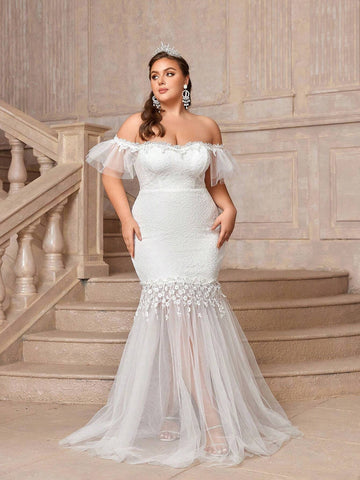 Elegant Off Shoulder Lace & Mesh Patchwork Fish Tail Plus Size Wedding Dress