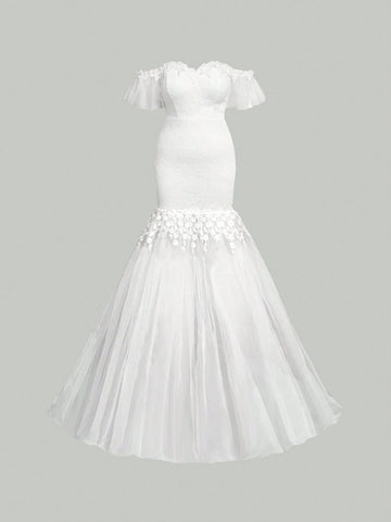 Elegant Off Shoulder Lace & Mesh Patchwork Fish Tail Plus Size Wedding Dress