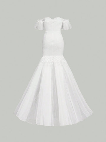 Elegant Off Shoulder Lace & Mesh Patchwork Fish Tail Plus Size Wedding Dress