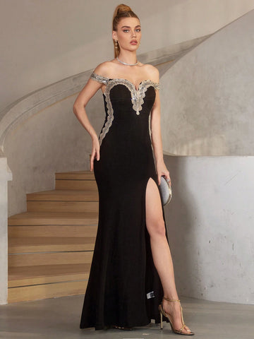 Elegant Off Shoulder Mermaid Evening Dress With Beaded Embroidery And High Side Slit