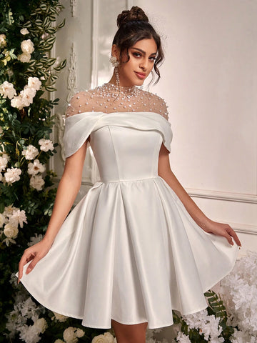 Elegant Off Shoulder Sleeve Collar Luxury Rhinestone Pearl Satin Ruffle Dress, Suitable For Weddings, Parties, Honeymoons, Bridal Showers, Gift-Giving