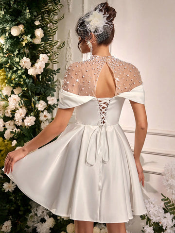 Elegant Off Shoulder Sleeve Collar Luxury Rhinestone Pearl Satin Ruffle Dress, Suitable For Weddings, Parties, Honeymoons, Bridal Showers, Gift-Giving