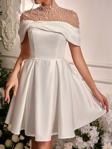 Elegant Off Shoulder Sleeve Collar Luxury Rhinestone Pearl Satin Ruffle Dress, Suitable For Weddings, Parties, Honeymoons, Bridal Showers, Gift-Giving