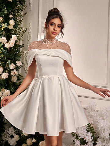 Elegant Off Shoulder Sleeve Collar Luxury Rhinestone Pearl Satin Ruffle Dress, Suitable For Weddings, Parties, Honeymoons, Bridal Showers, Gift-Giving