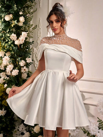 Elegant Off Shoulder Sleeve Collar Luxury Rhinestone Pearl Satin Ruffle Dress, Suitable For Weddings, Parties, Honeymoons, Bridal Showers, Gift-Giving