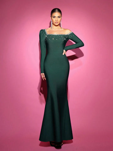 Elegant Olive Green Irregular Mutton Leg Long Sleeve Neckline Handmade Rhinestone High Waist Design Hem Mermaid Body Shaping Bandage Formal Evening Dress