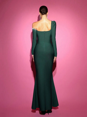 Elegant Olive Green Irregular Mutton Leg Long Sleeve Neckline Handmade Rhinestone High Waist Design Hem Mermaid Body Shaping Bandage Formal Evening Dress