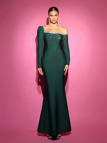 Elegant Olive Green Irregular Mutton Leg Long Sleeve Neckline Handmade Rhinestone High Waist Design Hem Mermaid Body Shaping Bandage Formal Evening Dress