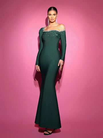 Elegant Olive Green Irregular Mutton Leg Long Sleeve Neckline Handmade Rhinestone High Waist Design Hem Mermaid Body Shaping Bandage Formal Evening Dress