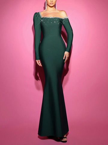Elegant Olive Green Irregular Mutton Leg Long Sleeve Neckline Handmade Rhinestone High Waist Design Hem Mermaid Body Shaping Bandage Formal Evening Dress