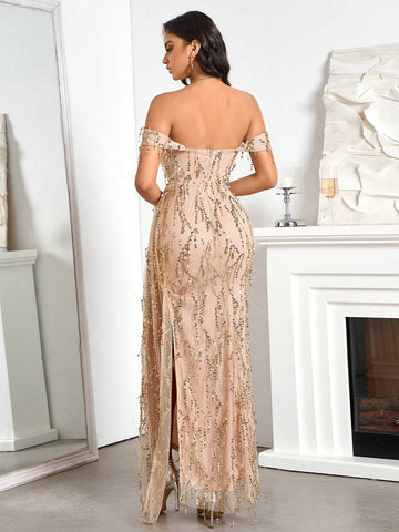Elegant One Line Neckline, Strapless, Sleeveless, Waist Tied, High Waisted Ribbon, High Slit Sequin Long Dress, Ball Dress Grad Dress Maxi Women Dresses