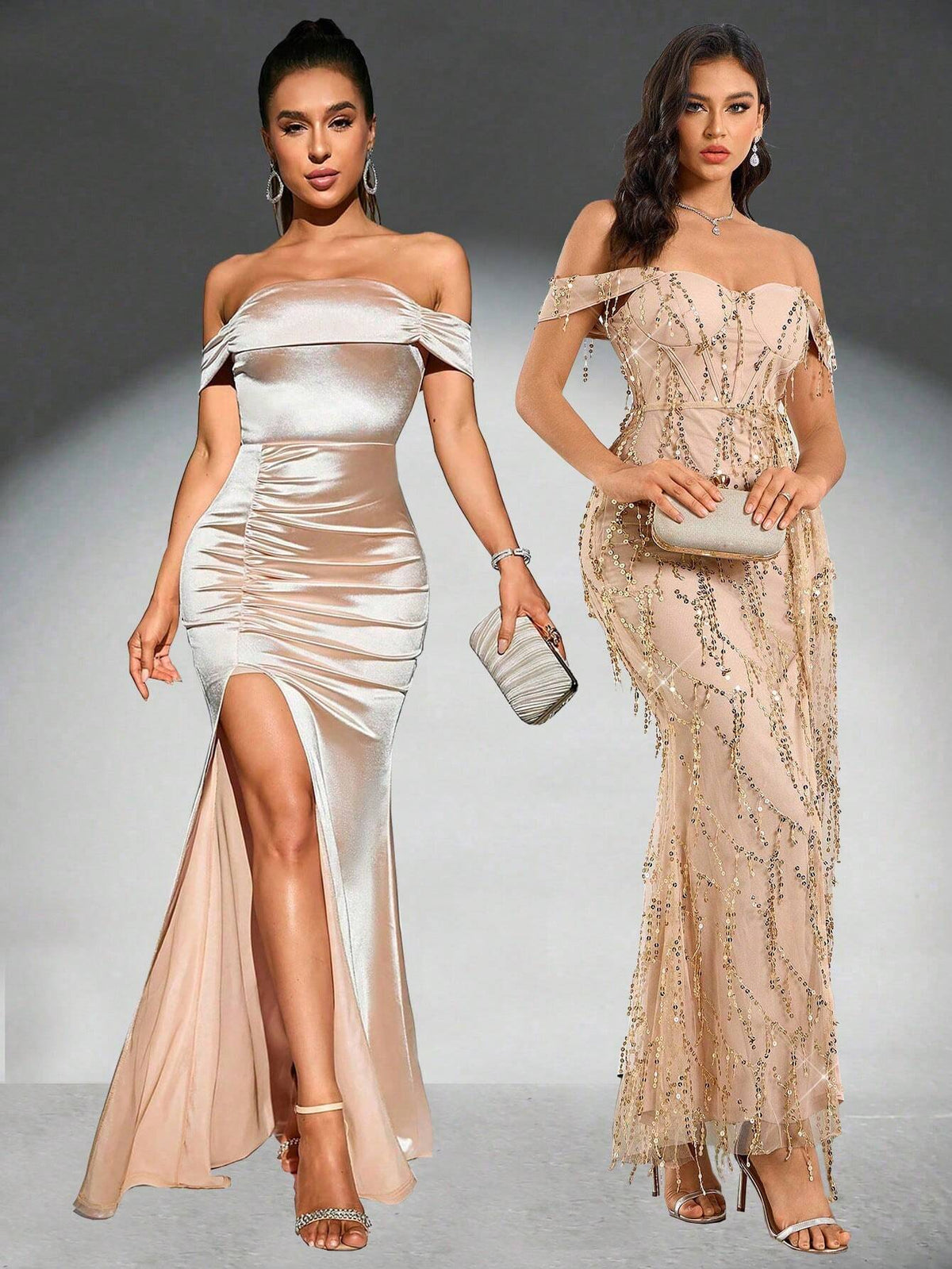 Elegant One Line Neckline, Strapless, Sleeveless, Waist Tied, High Waisted Ribbon, High Slit Sequin Long Dress, Ball Dress Grad Dress Maxi Women Dresses