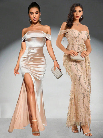 Elegant One Line Neckline, Strapless, Sleeveless, Waist Tied, High Waisted Ribbon, High Slit Sequin Long Dress, Ball Dress Grad Dress Maxi Women Dresses