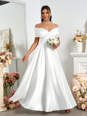 Elegant Open Shoulder Satin A-Line Wedding Dress
