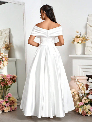 Elegant Open Shoulder Satin A-Line Wedding Dress