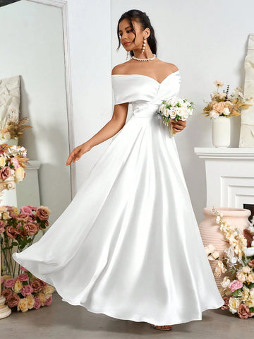 Elegant Open Shoulder Satin A-Line Wedding Dress