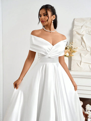 Elegant Open Shoulder Satin A-Line Wedding Dress