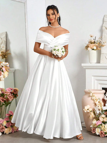 Elegant Open Shoulder Satin A-Line Wedding Dress