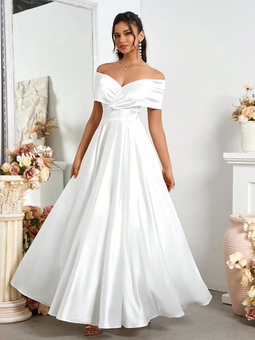 Elegant Open Shoulder Satin A-Line Wedding Dress