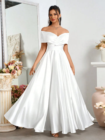 Elegant Open Shoulder Satin A-Line Wedding Dress