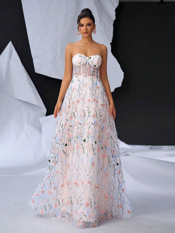 Elegant Pink And White Mesh Romantic Mesh Floral Embroidery Bustier Bust Cups Waist See-Through Feeling Flowy Oversized A Hem Back Width Adjustable Straps Dating Bachelorette Vacation Party Graduation Season Wedding Event Heavy Duty Dinner Dresses