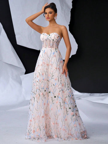 Elegant Pink And White Mesh Romantic Mesh Floral Embroidery Bustier Bust Cups Waist See-Through Feeling Flowy Oversized A Hem Back Width Adjustable Straps Dating Bachelorette Vacation Party Graduation Season Wedding Event Heavy Duty Dinner Dresses