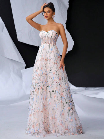 Elegant Pink And White Mesh Romantic Mesh Floral Embroidery Bustier Bust Cups Waist See-Through Feeling Flowy Oversized A Hem Back Width Adjustable Straps Dating Bachelorette Vacation Party Graduation Season Wedding Event Heavy Duty Dinner Dresses