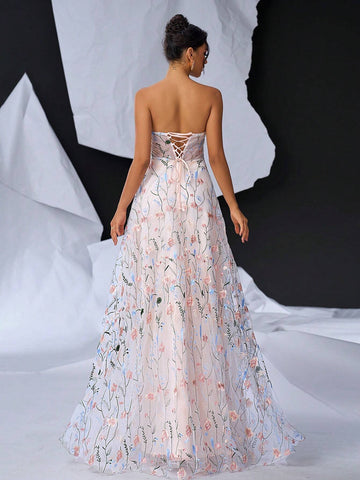 Elegant Pink And White Mesh Romantic Mesh Floral Embroidery Bustier Bust Cups Waist See-Through Feeling Flowy Oversized A Hem Back Width Adjustable Straps Dating Bachelorette Vacation Party Graduation Season Wedding Event Heavy Duty Dinner Dresses