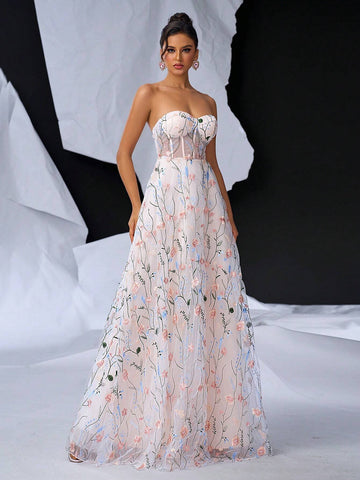 Elegant Pink And White Mesh Romantic Mesh Floral Embroidery Bustier Bust Cups Waist See-Through Feeling Flowy Oversized A Hem Back Width Adjustable Straps Dating Bachelorette Vacation Party Graduation Season Wedding Event Heavy Duty Dinner Dresses