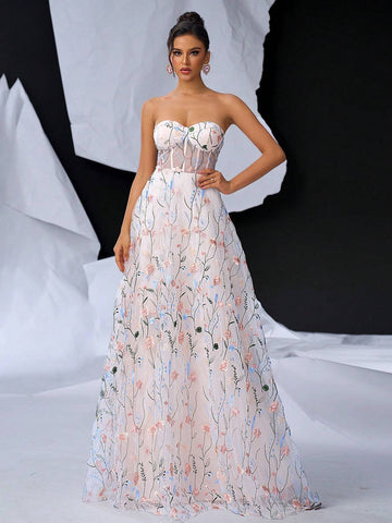 Elegant Pink And White Mesh Romantic Mesh Floral Embroidery Bustier Bust Cups Waist See-Through Feeling Flowy Oversized A Hem Back Width Adjustable Straps Dating Bachelorette Vacation Party Graduation Season Wedding Event Heavy Duty Dinner Dresses