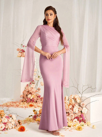Elegant Pink Elastic Diamond Linen Mesh Stitching Satin Round Neck Gathered Extra Long Sleeves Slit Sleeves Micro Fishtail Hem Suitable For Wedding Events Formal Bridesmaid Dresses
