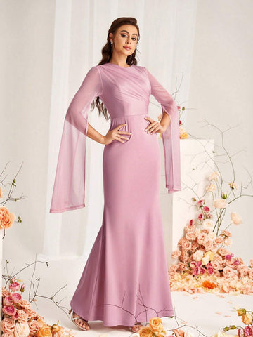 Elegant Pink Elastic Diamond Linen Mesh Stitching Satin Round Neck Gathered Extra Long Sleeves Slit Sleeves Micro Fishtail Hem Suitable For Wedding Events Formal Bridesmaid Dresses