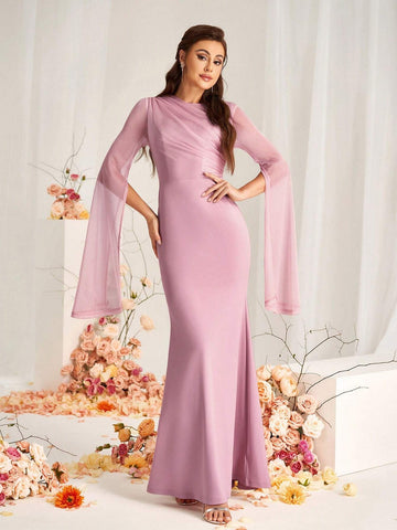 Elegant Pink Elastic Diamond Linen Mesh Stitching Satin Round Neck Gathered Extra Long Sleeves Slit Sleeves Micro Fishtail Hem Suitable For Wedding Events Formal Bridesmaid Dresses