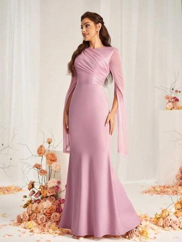 Elegant Pink Elastic Diamond Linen Mesh Stitching Satin Round Neck Gathered Extra Long Sleeves Slit Sleeves Micro Fishtail Hem Suitable For Wedding Events Formal Bridesmaid Dresses