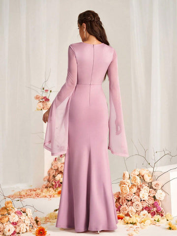 Elegant Pink Elastic Diamond Linen Mesh Stitching Satin Round Neck Gathered Extra Long Sleeves Slit Sleeves Micro Fishtail Hem Suitable For Wedding Events Formal Bridesmaid Dresses