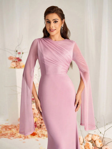 Elegant Pink Elastic Diamond Linen Mesh Stitching Satin Round Neck Gathered Extra Long Sleeves Slit Sleeves Micro Fishtail Hem Suitable For Wedding Events Formal Bridesmaid Dresses