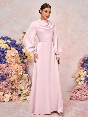 Elegant Pink Satin Draped Neck Lantern Sleeve A-Line Bridesmaid Dress