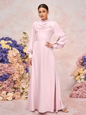 Elegant Pink Satin Draped Neck Lantern Sleeve A-Line Bridesmaid Dress