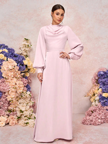 Elegant Pink Satin Draped Neck Lantern Sleeve A-Line Bridesmaid Dress
